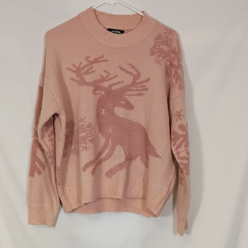 NWT COCOBLEU Christmas Sweater Womens Size Med Reindeer Snowflakes Pink Holidays